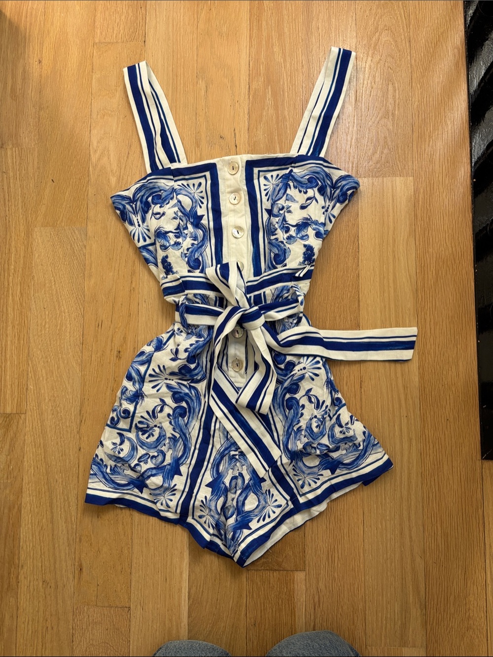 FARM Rio Blue & White Printed Girls' Romper with Tie Waist
